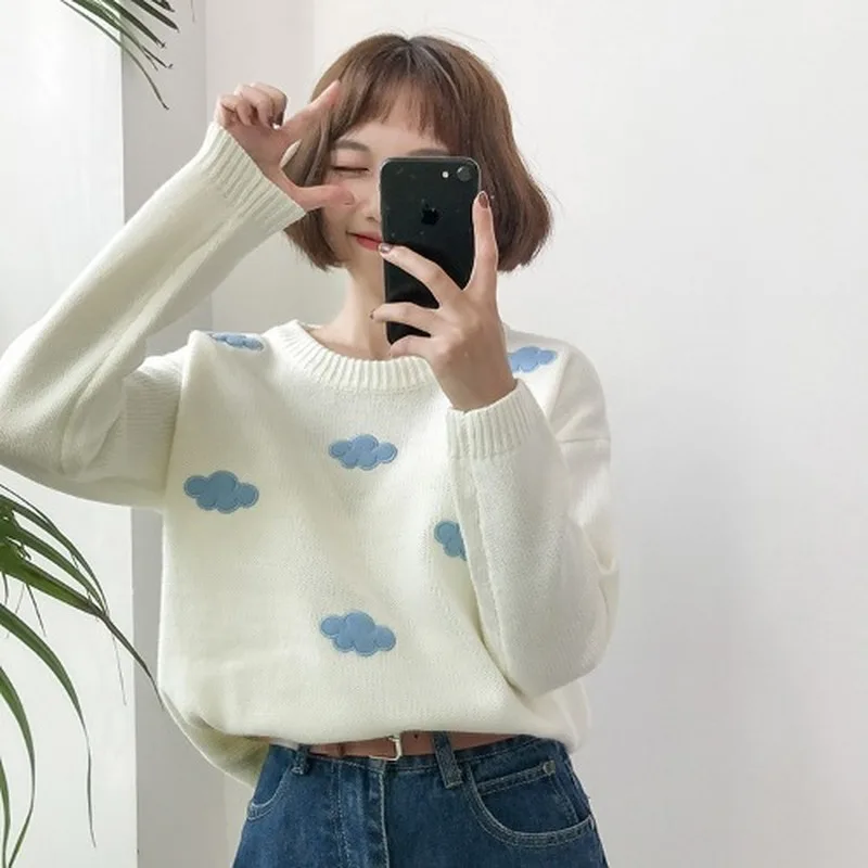 2019 женский свитер Kawaii Ulzzang в винтажном стиле для колледжа свободный с облаками