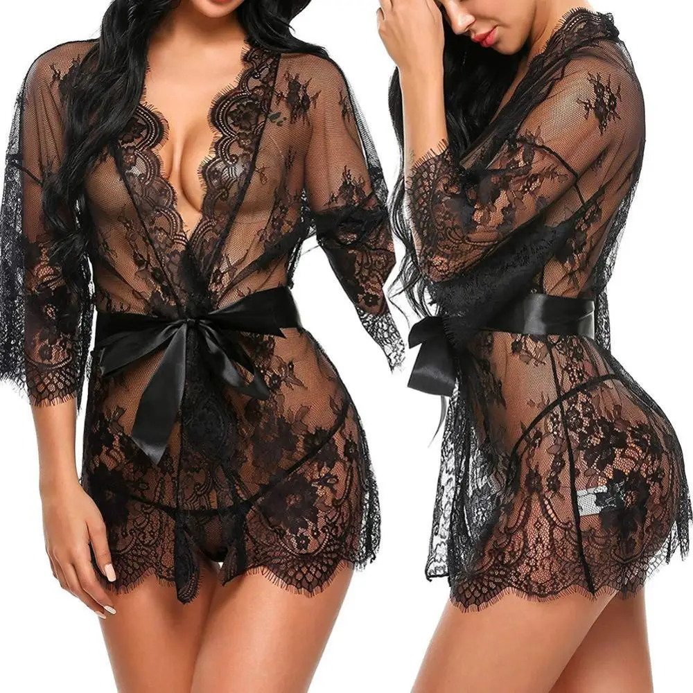 

Women's Sexy Lingerie Set Lace Babydoll Perspective Deep V-neck Nightwear Sets Sheer Nightgown Tops Nightgown Costumes