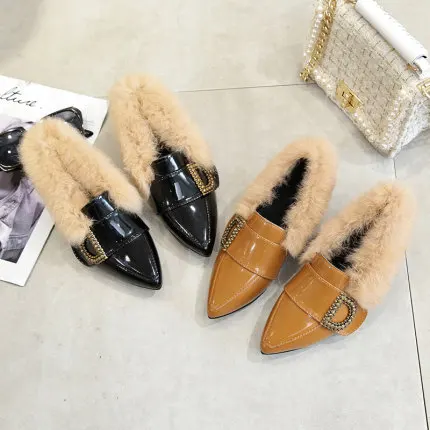 2019 autumn and winter new Korean version of the wild with a pedal Mao Maoying British style small leather shoes women | Обувь