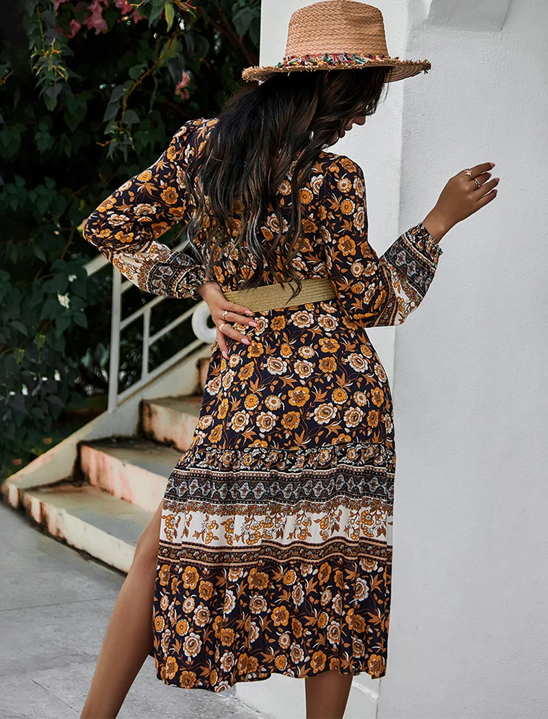 

Aachoae Bohemian Floral Print Dresses For Women V Neck Side Split Beach Dress Lantern Sleeve Stylish Midi Sundress Without Belt