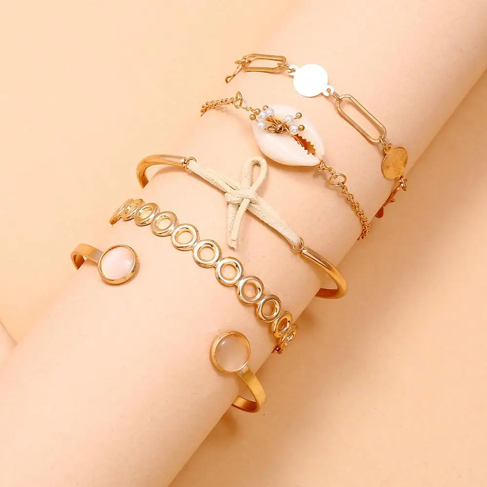 Набор браслетов Wgoud Boho с бусинами для женщин, модные многослойные цепи с камнями, регулируемые браслеты с круглой ракушкой, ювелирные изделия.