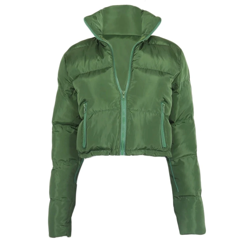 

Women Long Sleeve Puffer Jacket Zip Up Solid Color Drawstring Hem Cropped Coat BX0B