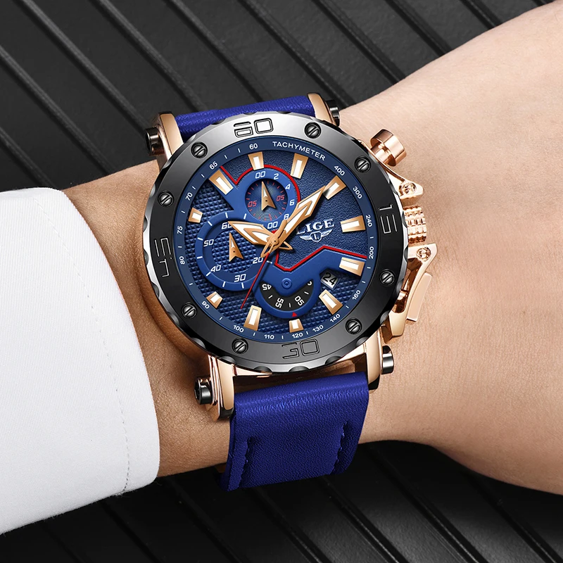 Reloj Hombre 2019 модные синие кожаные часы LIGE мужские s лучший бренд класса люкс