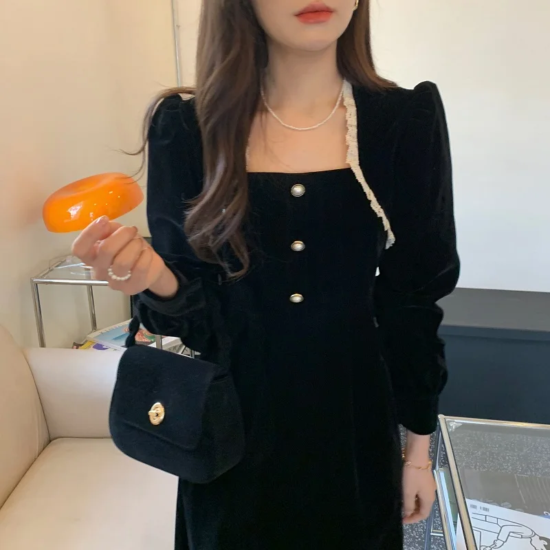 

Vintage Button Velvet Women Midi Dress Sexy Square Collar Female Clothes Elegant Slim Waist Spring Vestidos