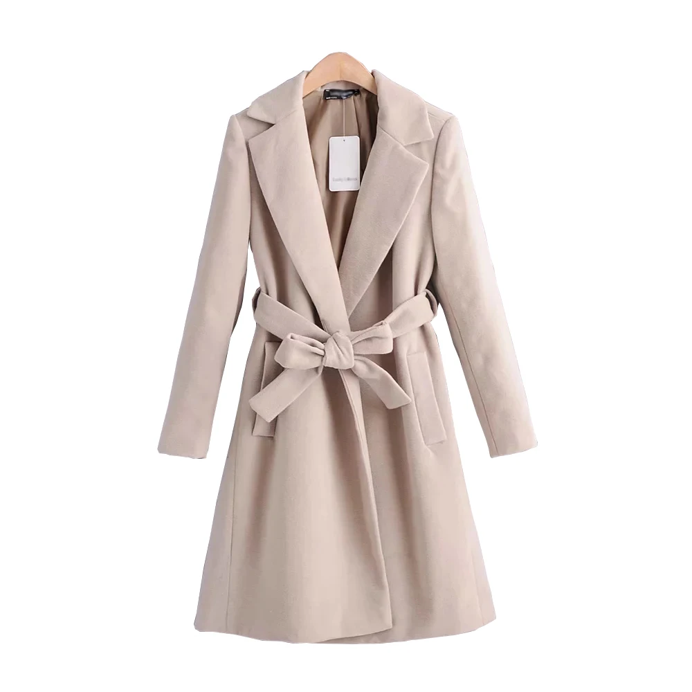 beige Винтажные женские шерстяные пальто Модные женские длинные куртки с ремнями женские элегантные бежевые тонкие пальто Женская шикарная куртка для девочек - Цвет: beige