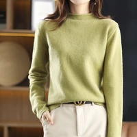 crimping half high neck pure wool pullover womens autumn winter new solid color loose knit sweater thick warm bottoming shirt
