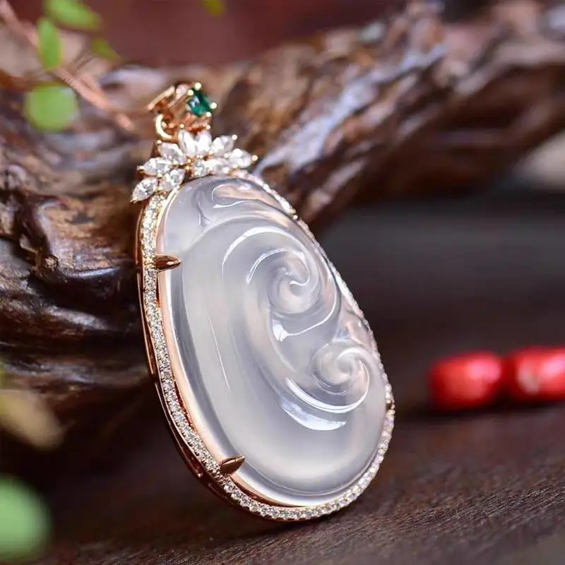 

Inlaid Perfect Jade Chain Natural Chalcedony Agate Pendant Exquisite Jewelry Accessories Round Bead Necklace Holiday Gift