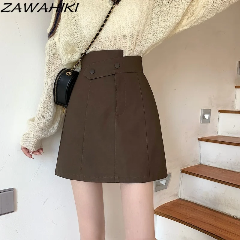 

ZAWAHIKI High Waist Mini Skirts Women Spring Autumn Pu Leather Skirt Solid New Style A-line Bag Hip Faldas Mujer Fashion Clothes