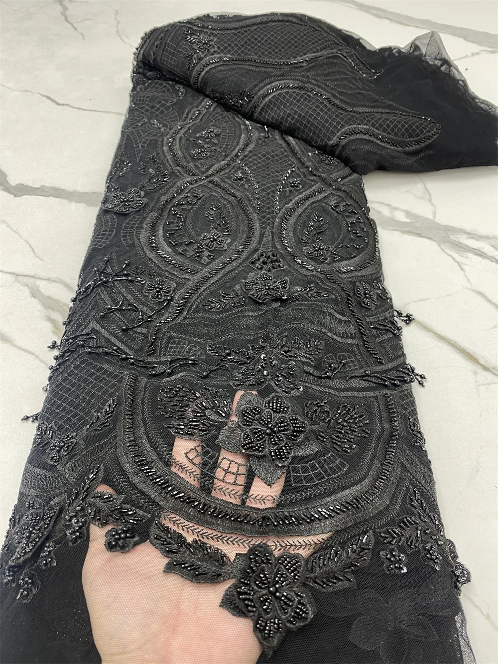 

Black Tulle Lace Fabric 2022 High Quality Lace Material African Handmade Beaded Lace Fabric For Evening Party Sewing 4531B