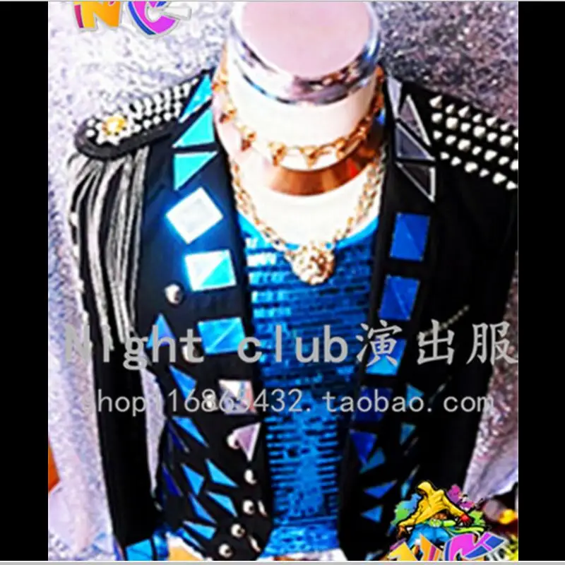 

Men Lager Size Free Shopping Men's Dj Stage Clothing Black Theme Blue Lens Fringed Epaulette Rivet Jacket / S-xl