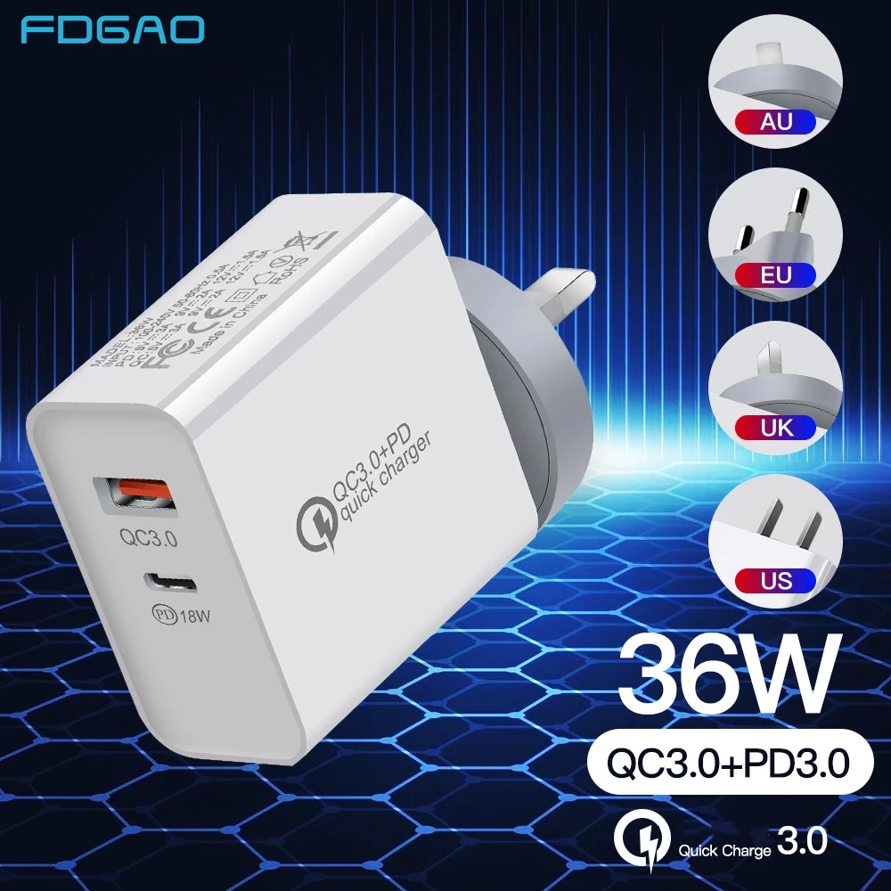 36 Вт 2 порта USB PD быстрое зарядное устройство Быстрая зарядка 3 0 Тип C настенный