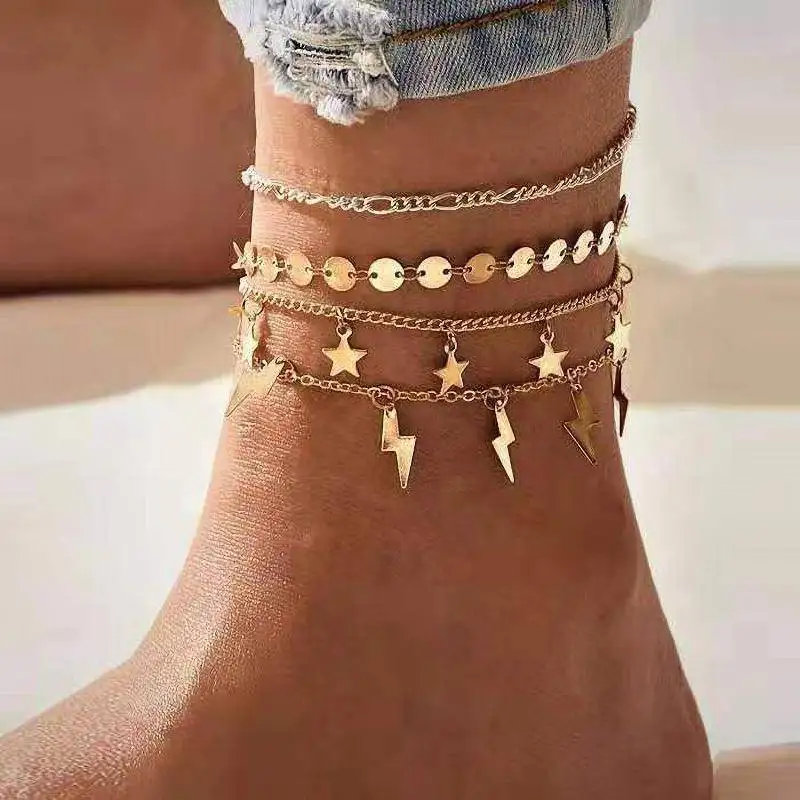 

Fashion Personality Women's Feet Creative Retro Simple Lightning Star Sequin Four-Piece Alloy Anklet Trend New Party Gift