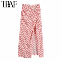 traf women chic fashion with knot front vents printed midi skirt vintage high waist back zipper female skirts mujer