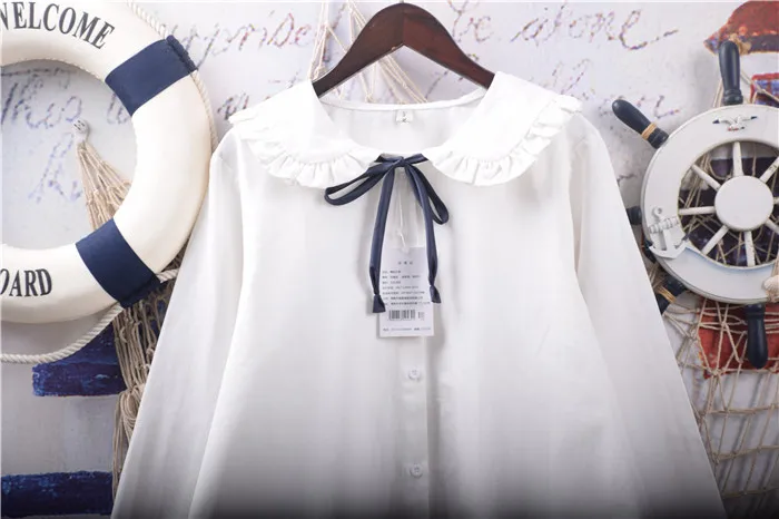 

Japan Style Mori Girl Ruffled Lace Peter Pan Collar Shirt Bowknot Cotton Long Sleeve White Blouse Women