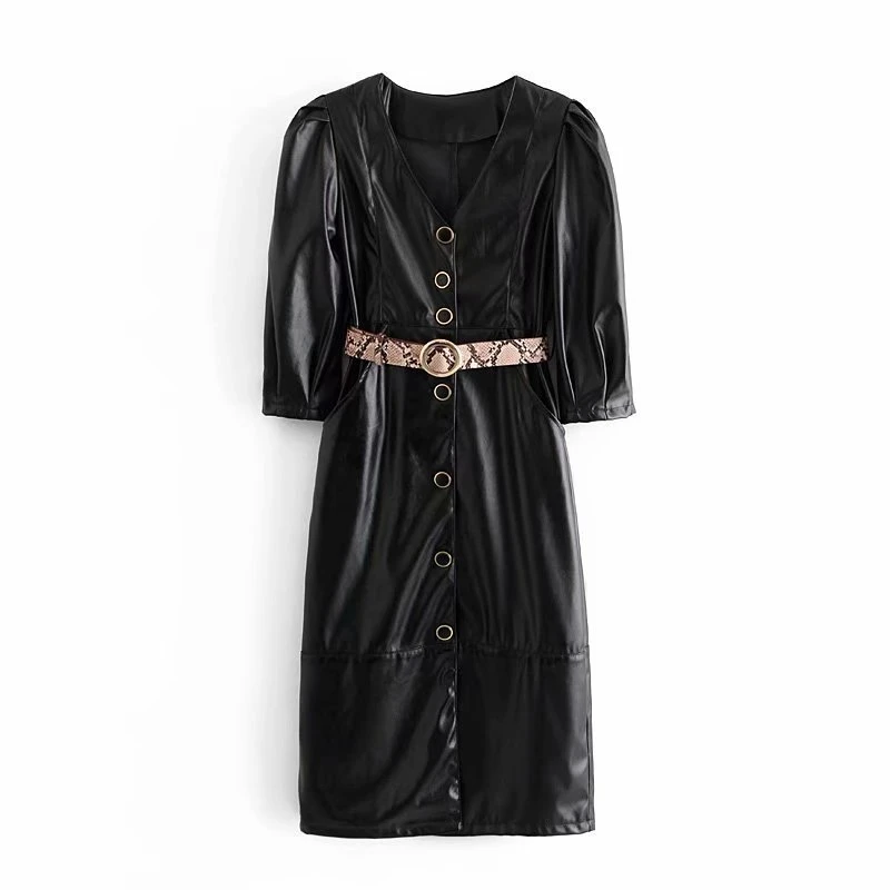 

YOSIBCD Women 2021 Chic Fashion With Belt Faux Leather Pleated Midi Dress Vintage Puff Sleeve Pockets Female Dresses Vestidos