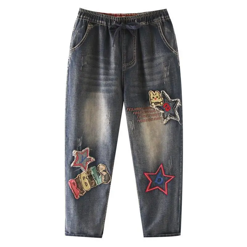 

Loose Large Pentagram Women's Letter Embroidery Camouflage Patch Ripped Ladies Jeans Feminino For Women Plus Size Denim Gloria