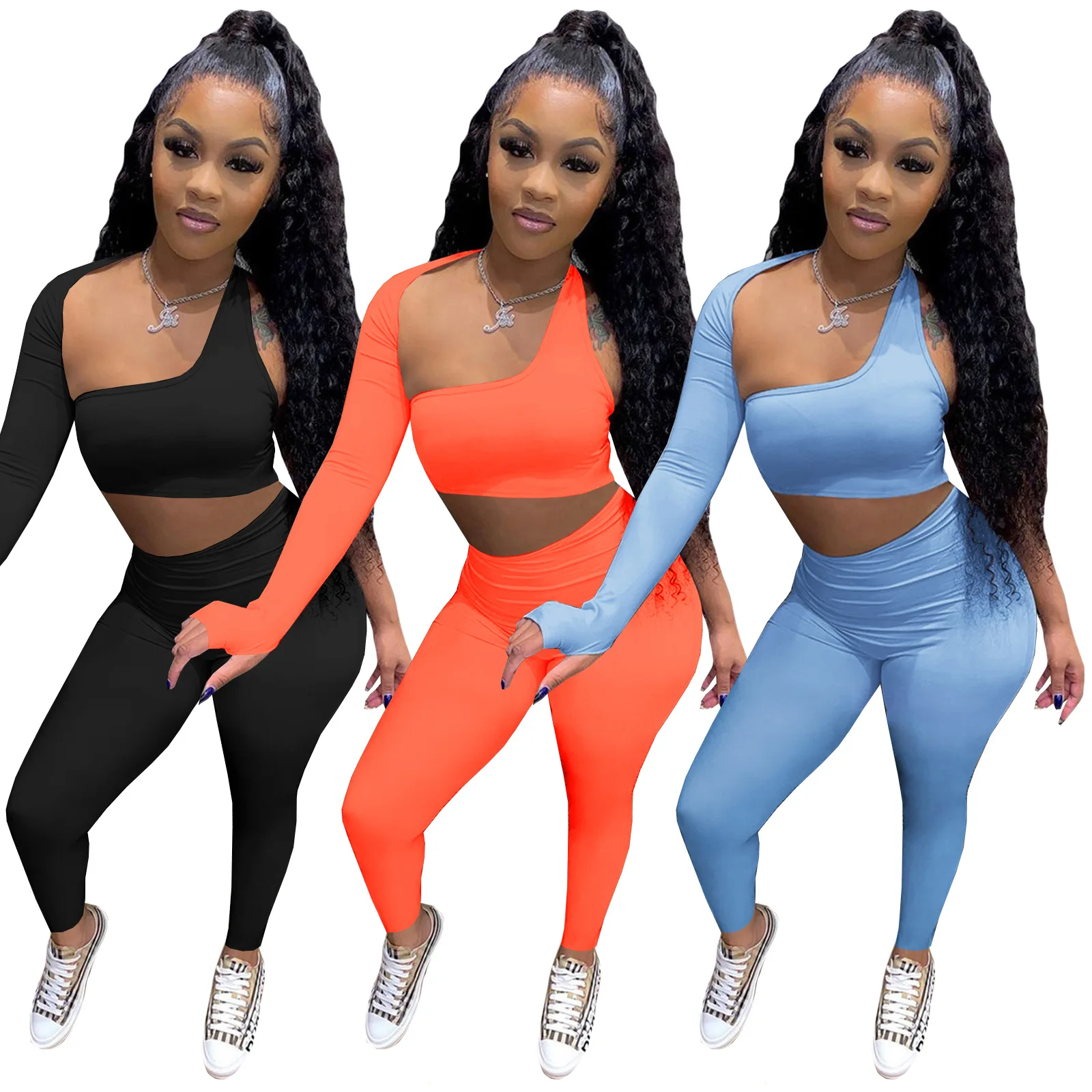 

2021 Causal Women Tracksuit Two Piece Set One Shoulder Solid Color Shirt And Long Pants Matching Set Clothes For Women Outfit