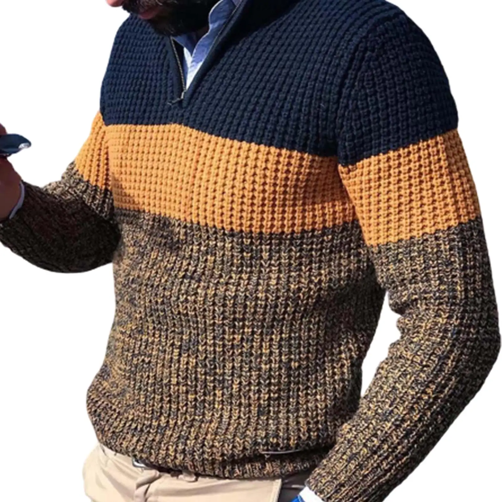 

Autumn Winter New Men Sweater Fashion V-Neck Patchwork Color Block Pullover Sweater Men Slim Fit- Long Sleeve Knitted Sweaters