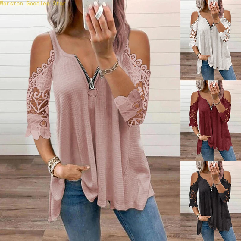 

Sexy Summer Half Sleeve Lace Shirt Women Casual Zipper V Neck Loose T Shirt Plus Size Hollow Out Sling Elegant Pullover Tops