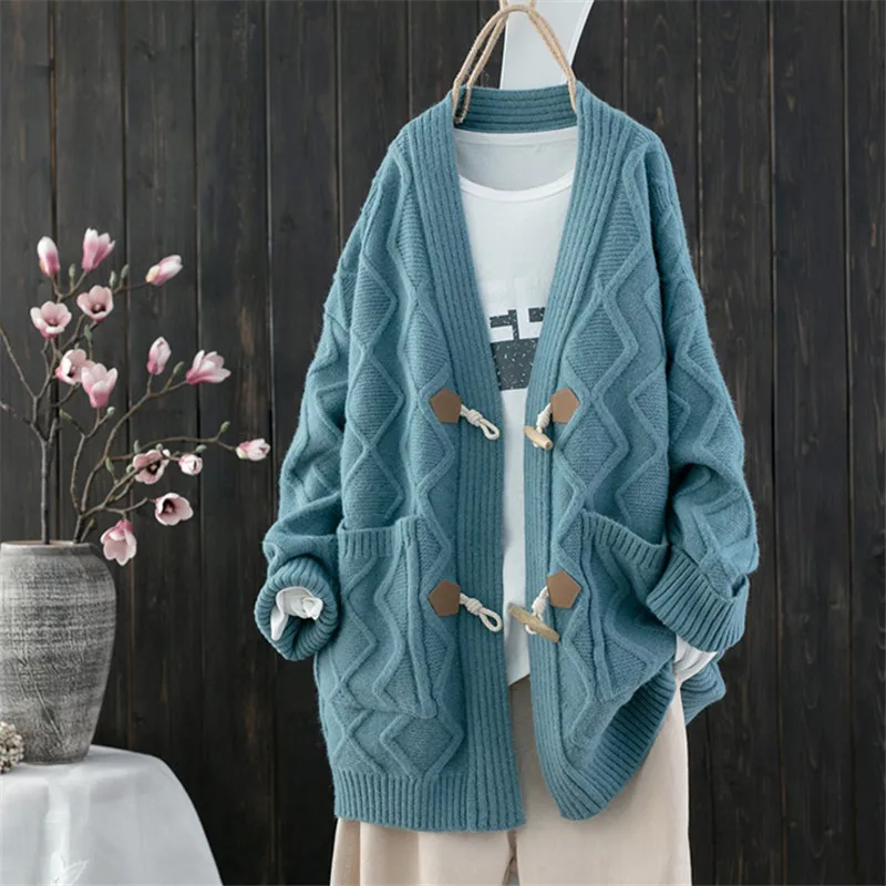 

2020 new Spring Autumn loose Lazy Retro Horn Button Sweater Jacket Ladies Knitted Cardigan Sweaters Coats Women Tops b499