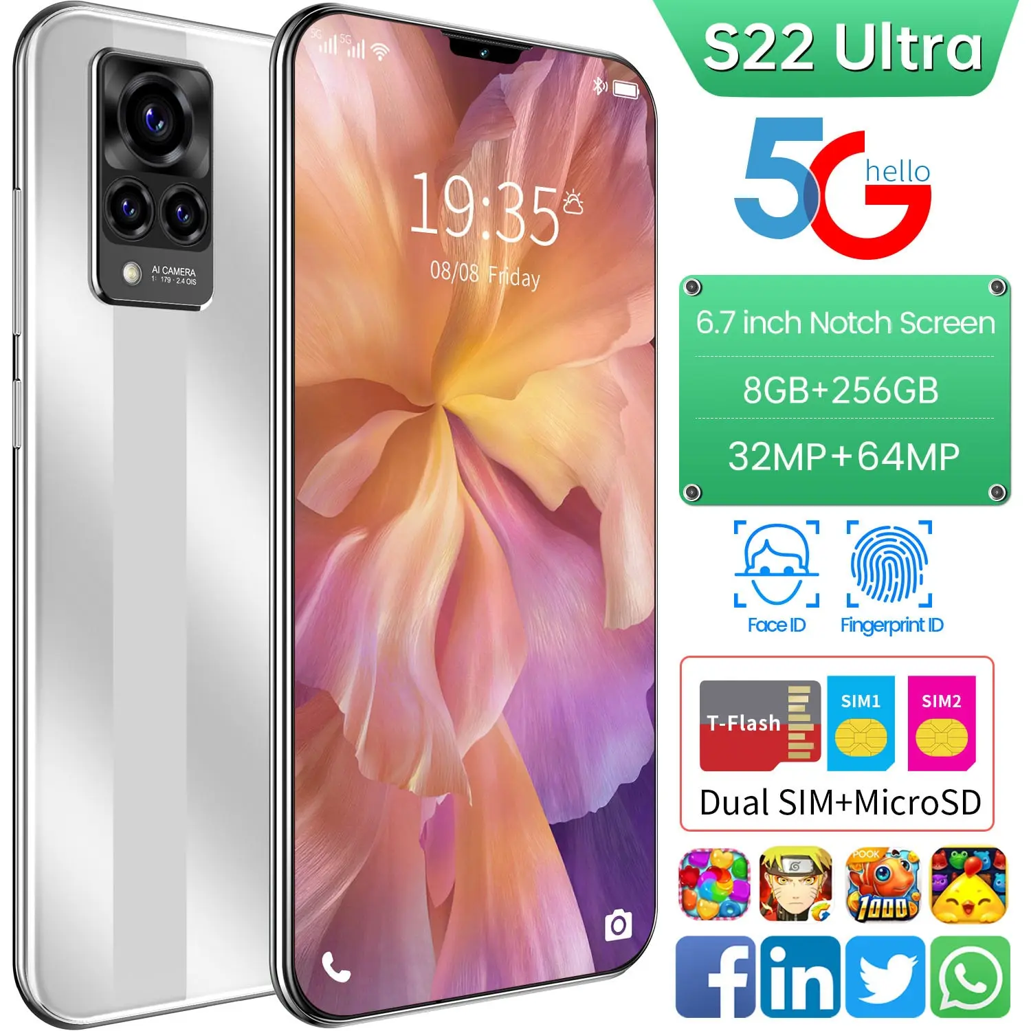 

S22 Ultra 8+256gb 6.7 Inch Face Unlock Double Sim+micro Sd Deca Core 6800mah Andriod 11 Smart Phone Mtk6889+cell Phone