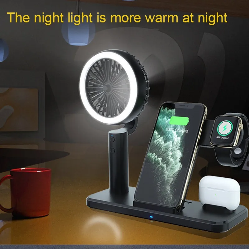 

Multi-function Handheld Fan Charger Wireless Charging Stand For Iphone Xiaomi Huawei Samsung Mobile Phones Earphones Smart Watch