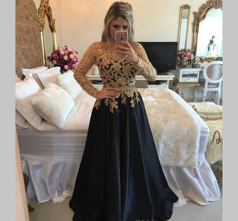 

Black Gold Long Prom Dresses 2021 Women Formal Party Vestidos De Fiesta Elegant Appliques Long Sleeves Gala Jurken Evening Gowns