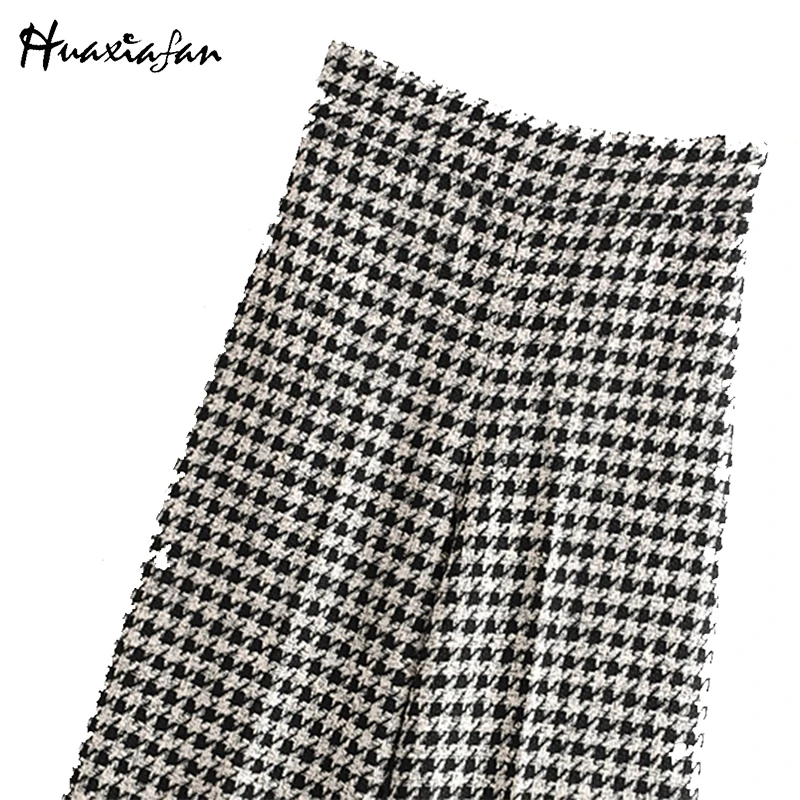 Huaxiafan клетчатые брюки Хаундстут женские широкие на молнии свободные длинные