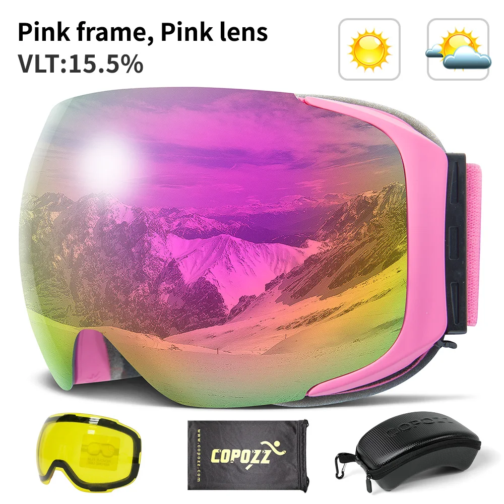 Pink lens COPOZZ магнитные лыжные очки с 2s Быстросменные линзы и Чехол Набор UV400 Защита Анти-туман сноуборд лыжные очки для мужчин и женщин - Цвет: Pink lens