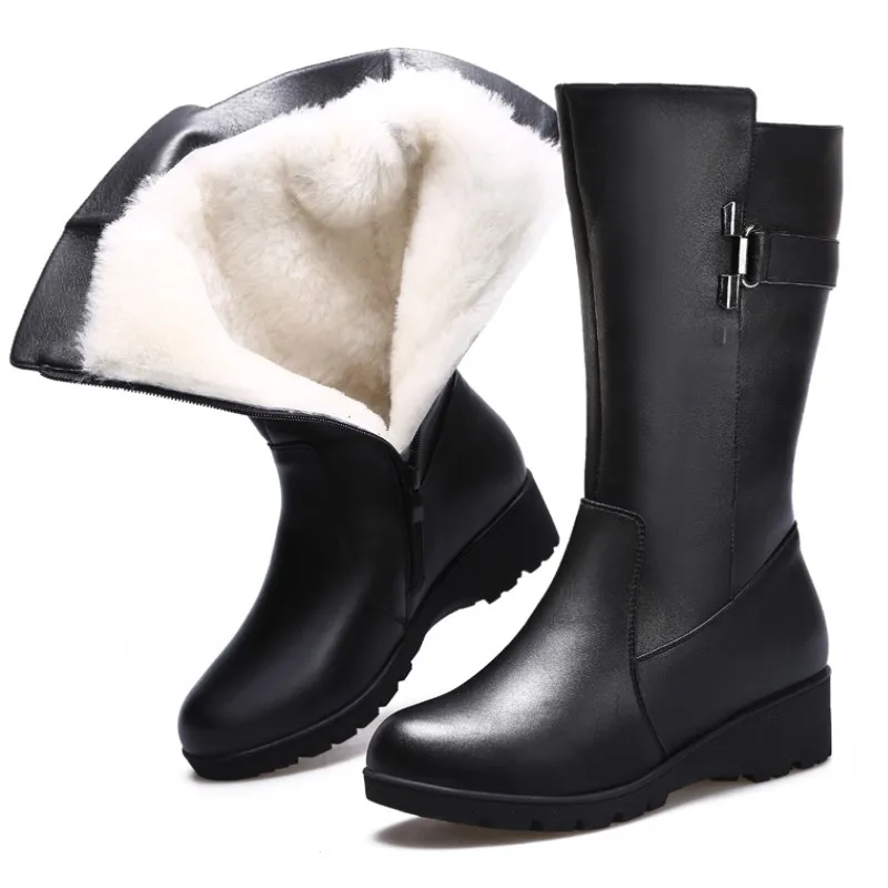 

2020 Elegant Comfort Warm Snow Boots Genuine Leather Shoes Wool Boots Winter Fashion Non-slip Wedges Knight Boots Women Boots