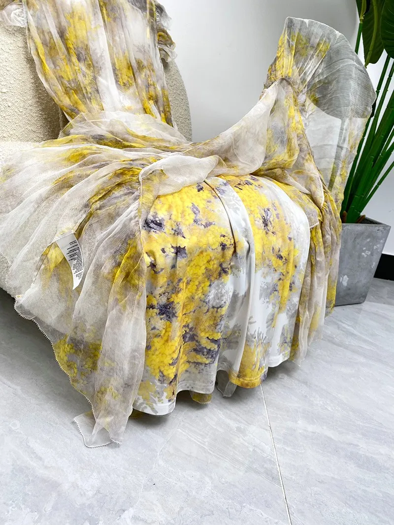 

2021 New Summer Women Fashion High Quality 100% Silk Yellow Wild Floral Print Short Sleeve V-neck Mid-Calf Dresses