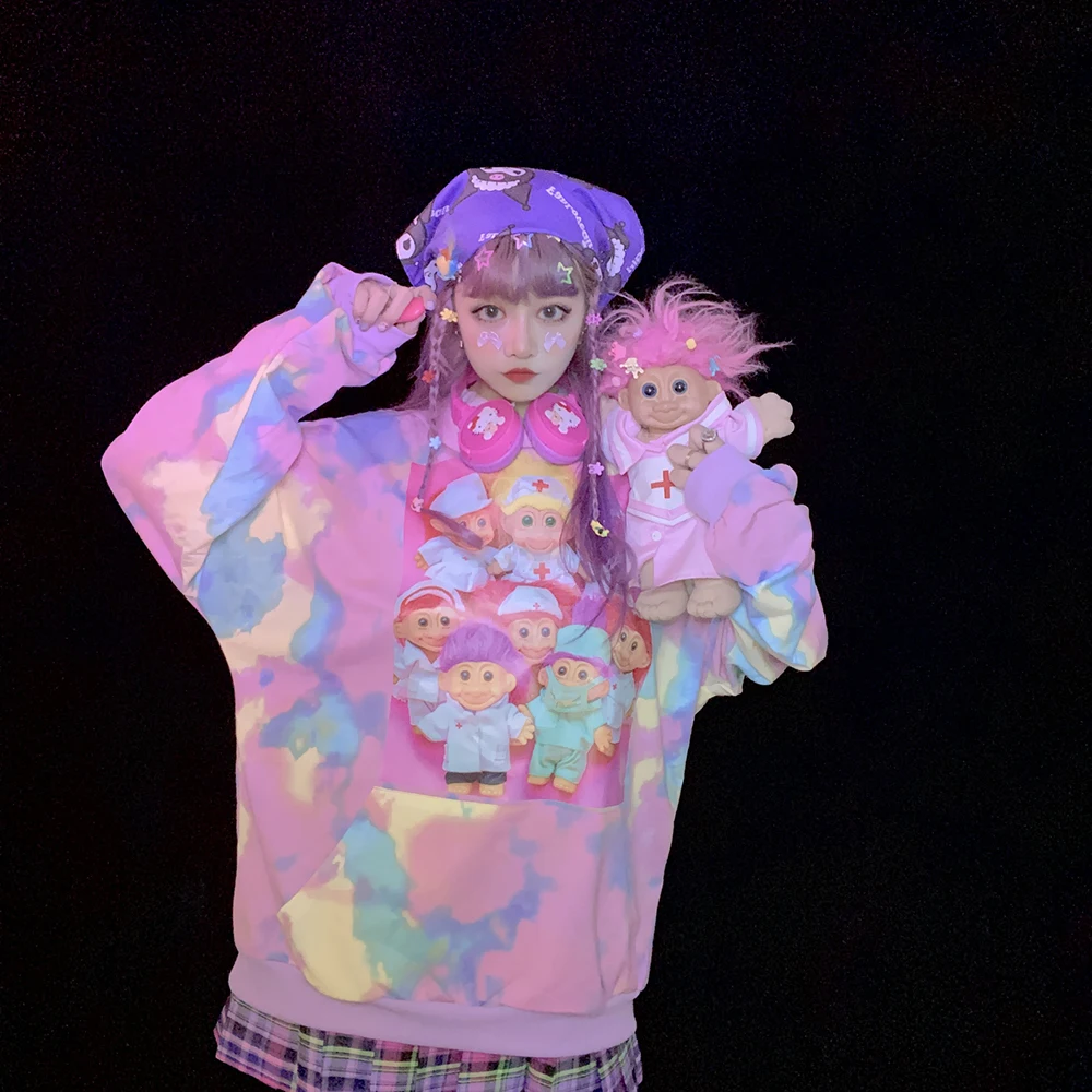 

Women Loose Hooded Sweatshirt Harajuku Girl Cartoon Print Japanese Oversized Pullovers Winter Cute Hoodie vintageTie dye Tops