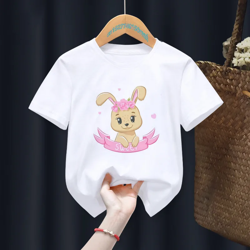 Camiseta para ni&ntilde;os y ni&ntilde;as, ropa blanca con dibujos animados, de conejitos de primavera, regalo de verano-4
