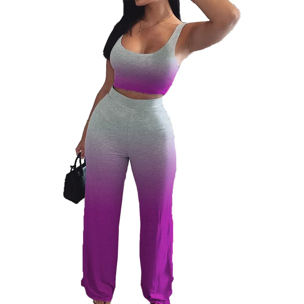 

European fashion gradient printed women's suit slim fitting U-neck sleeveless halter top and trousers 2-piece set