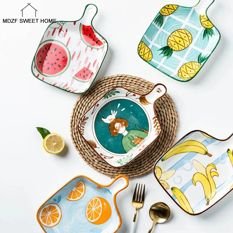 

MDZF SWEETHOME Ceramic Glaze Baking Pan With Handle Fruit Pattern Dinnerware Salad Plate High Temperature Non-Slip Baking Tray