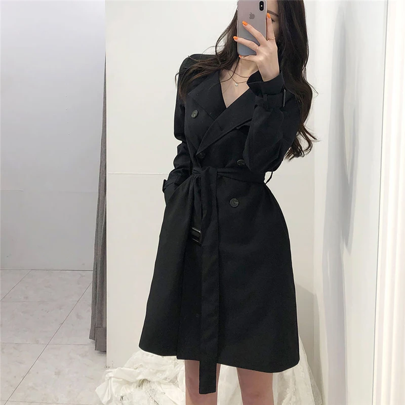 Весенне-осенний Женский Тренч средней длины трапециевидной формы с поясом цвета