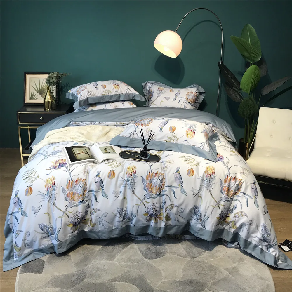 Комплект постельного белья из 4 предметов с птицами и цветами пододеяльник