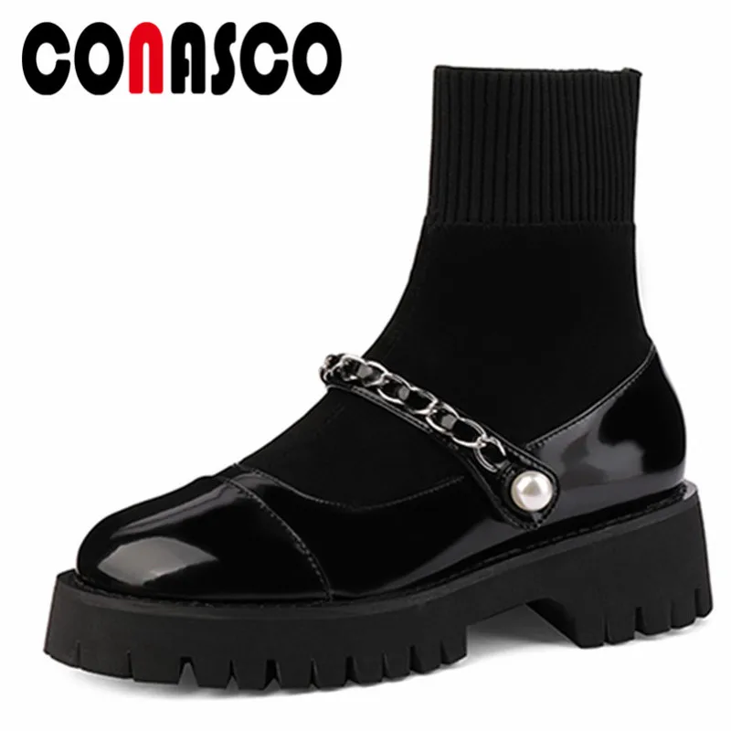 

CONASCO New Women Ankle Boots Autumn Winter Warm Cow Patent Leather Basic Prom Office Shoes Concise Chain Decoration Boots Woman