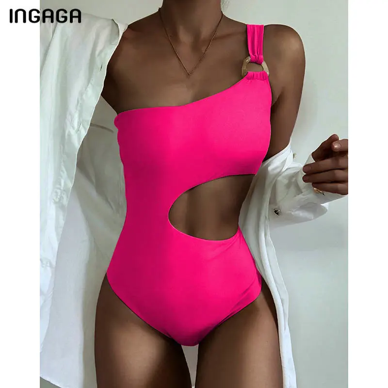 

INGAGA Sexy Swimsuits One Piece 2021 One Shoulder Swimwear Women Solid Bathing Suit Cut Out Bodysuit Summer New Beachwear
