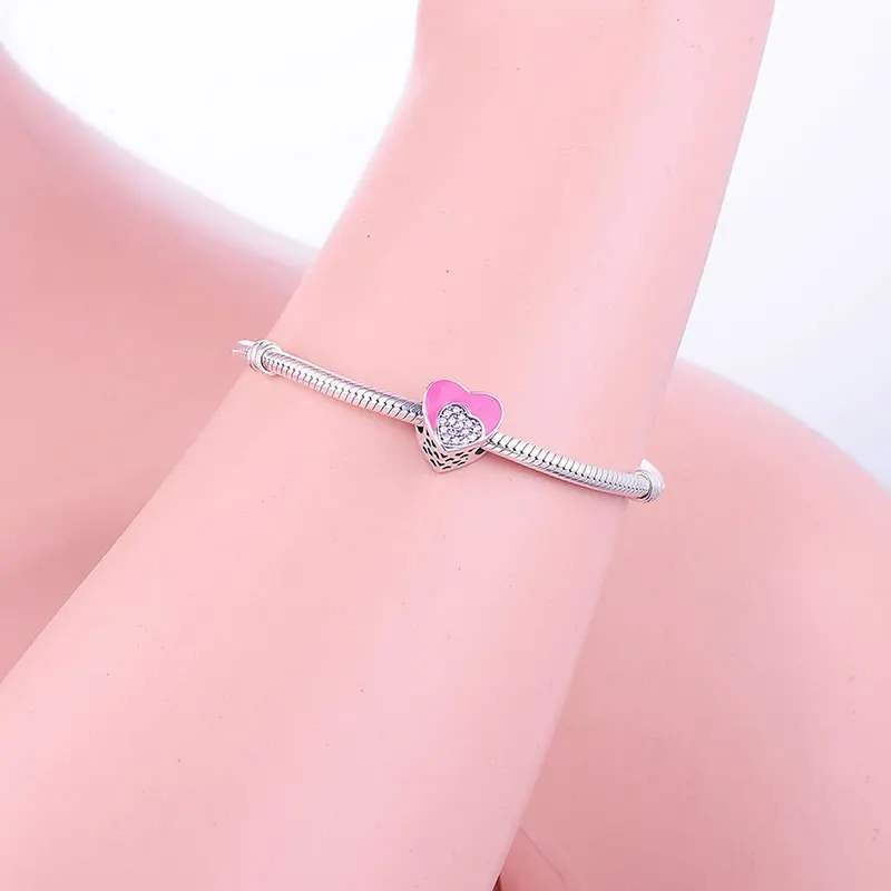 Настоящее серебро 925 пробы розовое эмалированное сердце циркон хрустальный