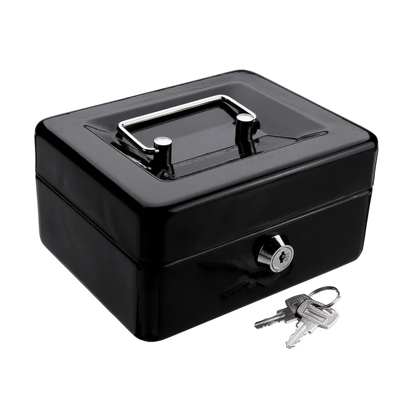 

Mini Black Metal Stainless Steel Piggy Bank Safety Deposit Box For Money Coin Cash Tray With Secret Key Cash Drawer Carry Box