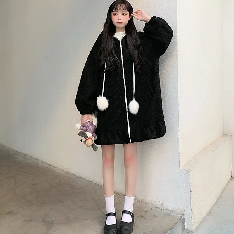 Japanese Soft Girl Cute Bunny Ears Hooded Thick Lambswool Midi Long Women Coat Zipper Kawaii Lolita Long Sleeve Winter Outerweat