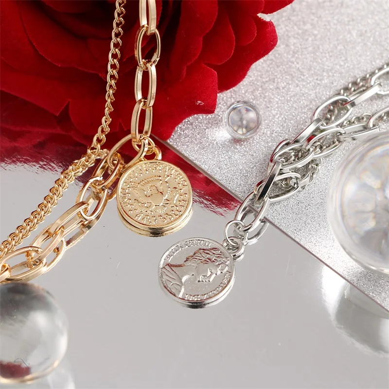 

EN New Punk Bracelets Carved Coin Head Bracelet Bangle Fashion Bohemian Circle Thick Chain Tassel Pendant Bracelet Women Jewelry