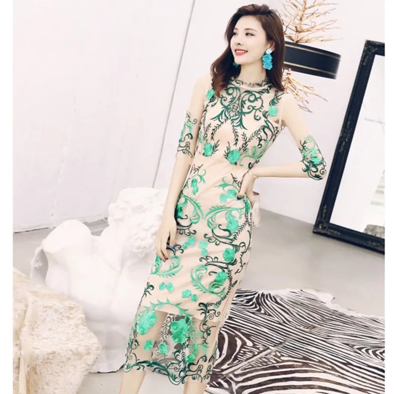

Autumn High-quality Women Dresses Vintage Embroidered Elegant Dress Ladies Stand Collar Three-quarter Sleeve Chic Dress Vestidos