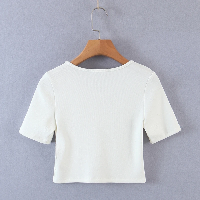

Casual Summer Knit Top Women Short Sleeve Bodycon Crop Shirts Slim Split Knitted Shirts