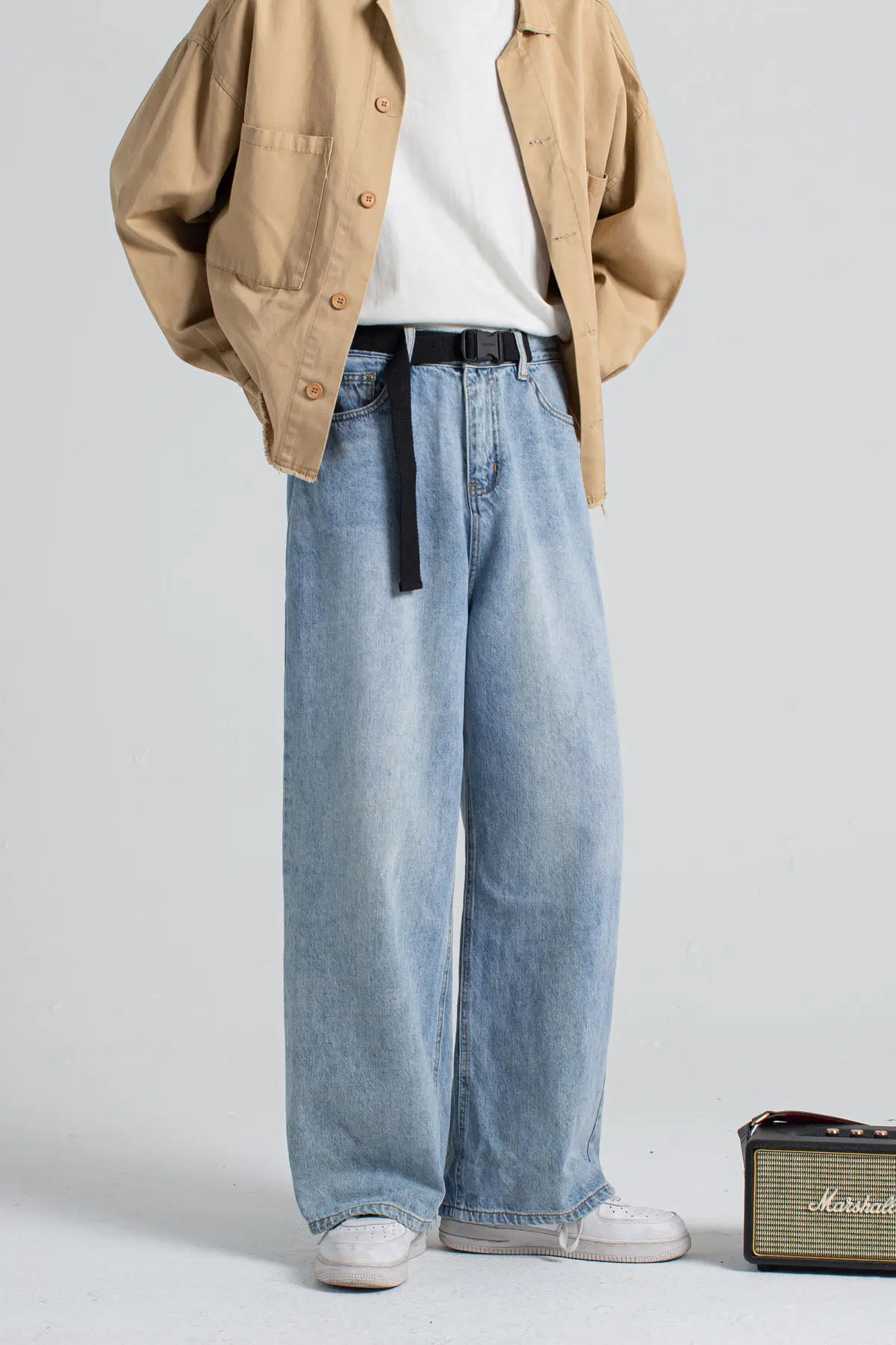 

2020 Men's Fashion Wide Leg Pants Baggy Homme Biker Denim Trousers Classic Cargo Pocket Jeans Blue Daddy Casual Pants S-2XL