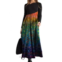 women autumn winter long sleeve digital print patchwork large hem maxi dress