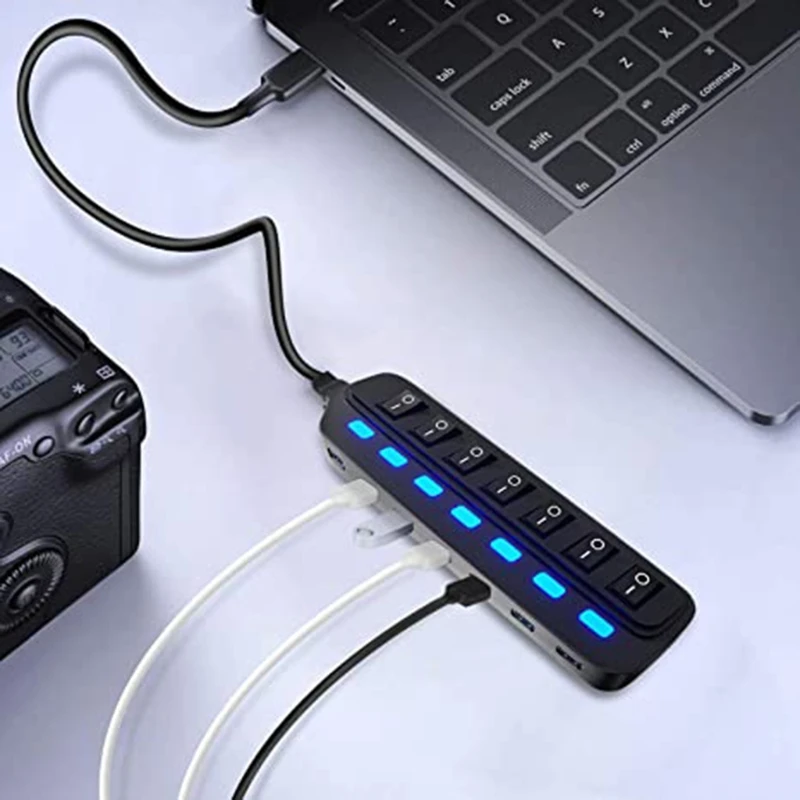 

Portable USB 3.0 Hub Splitter USB Extender 7 Port USB Ultra Slim Data Hub with Individual Power Switch and LED Light