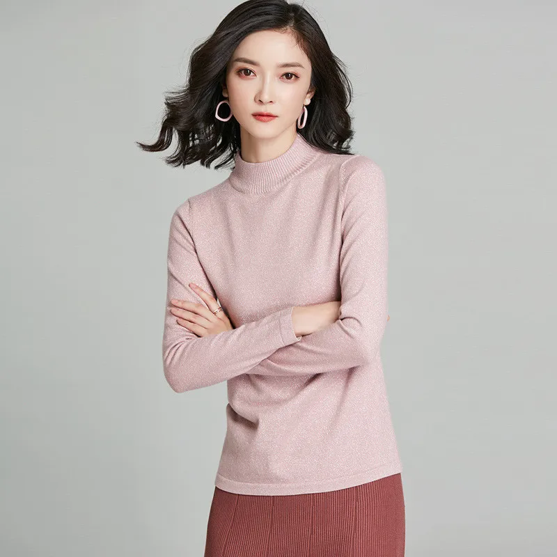 

2020 Autumn And Winter New Fashion Bright Silk Korean Half Turtleneck Sweater Women All Match Knit Sweater Bottoming Shirt C492
