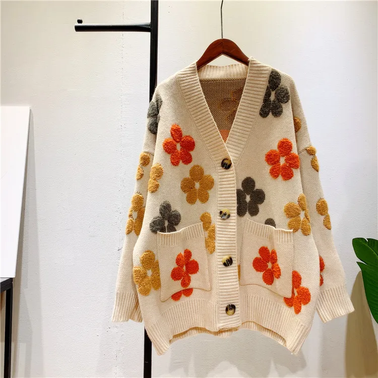Женский осенний свитер с V-образным вырезом пальто цветочным принтом женский